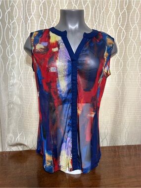 Tango Mango Abstract Sheer Sleeveless Blouse - Navy, Red & Yellow